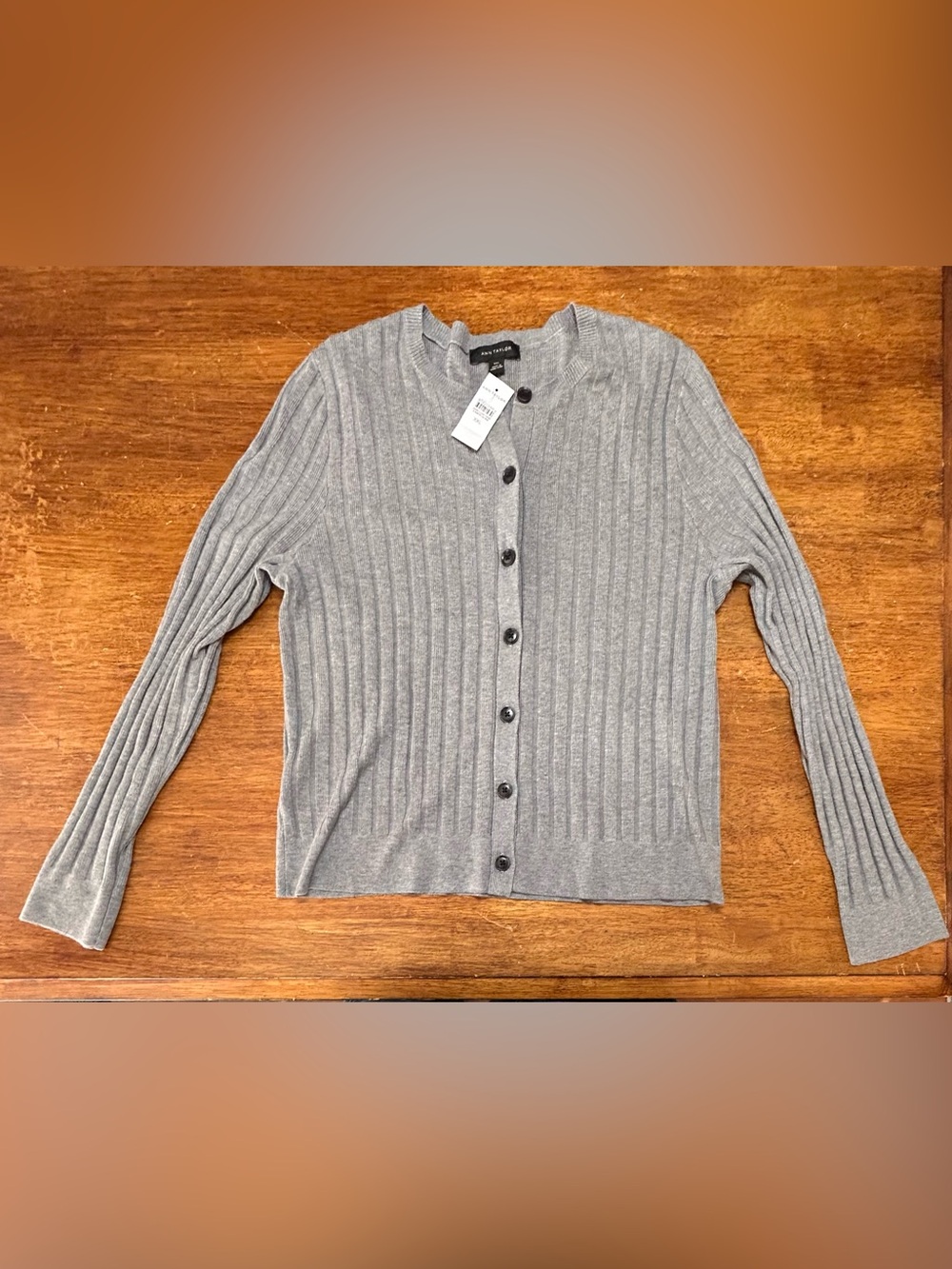 Ann Taylor Light Gray Ribbed Button Cardigan